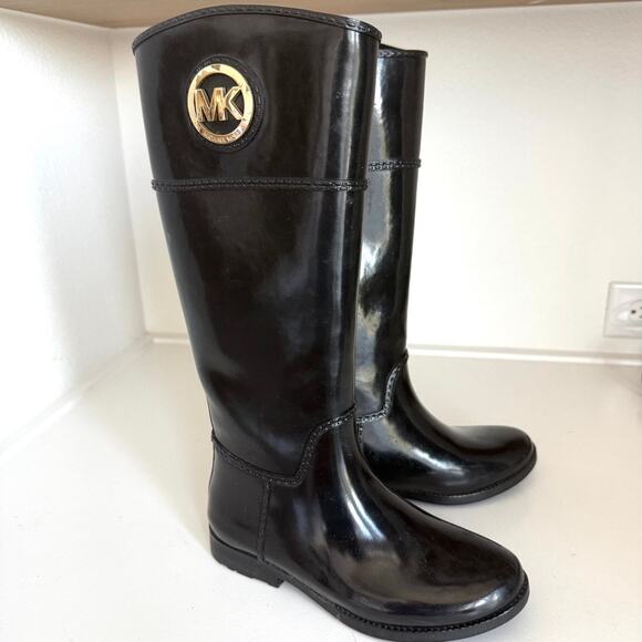 MICHAEL KORS Rain Boots Black Logo Knee High Waterproof Glossy Pull On Size 7 - Picture 1 of 8
